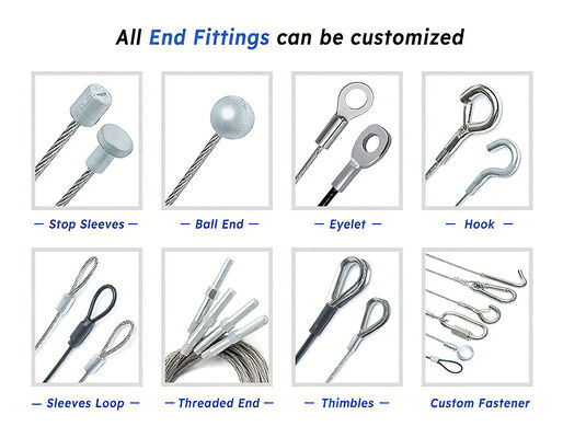 Galvanized Custom Steel Wire Rope Assembly with Eyelet Hooks Carabiners Terminals-AiSi Standard 1-6mm Diameter 1*19 Construction