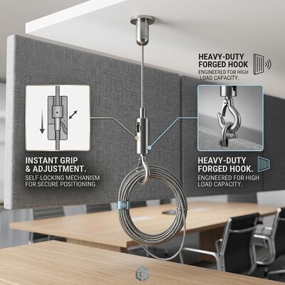 1.5mm Steel Wire Rope Cable Suspension Kit Acoustic Wall Panel Ceiling Hanging Set with Adjustable Hook Gripper