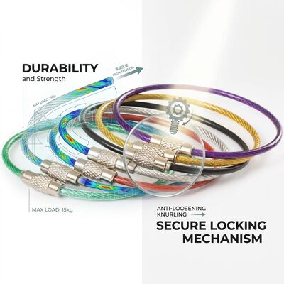PVC Coated Cable Loop Key Ring 1.5mm Wire Rope Custom Length 10cm 30cm Keychain
