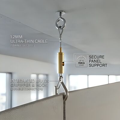 1.2mm Stainless Steel Wire Rope Acoustic Panel Suspension Kit 1 Meter Adjustable Brass Gripper Hook Set