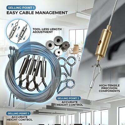 1.2mm Stainless Steel Wire Rope Acoustic Panel Suspension Kit 1 Meter Adjustable Brass Gripper Hook Set