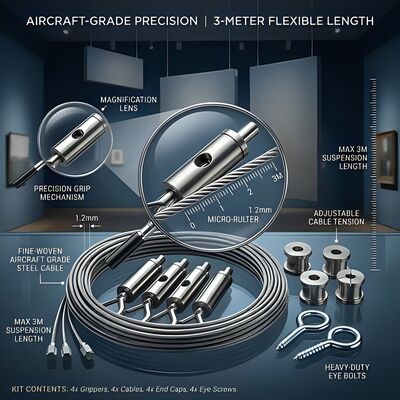 1.2mm Aircraft Cable Panel Hanging Kit 3 Meter Adjustable Brass Gripper for Art Gallery Display Board
